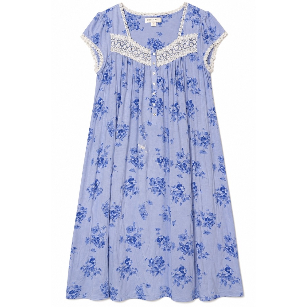Eileen West Nightgown L Blue Floral Lace Cottagecore Romantic Sleep Dress